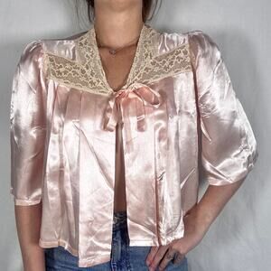 Antique 1930s Pink Satin Bed Jacket Eastern Isles Lace Trim Pleats AS IS